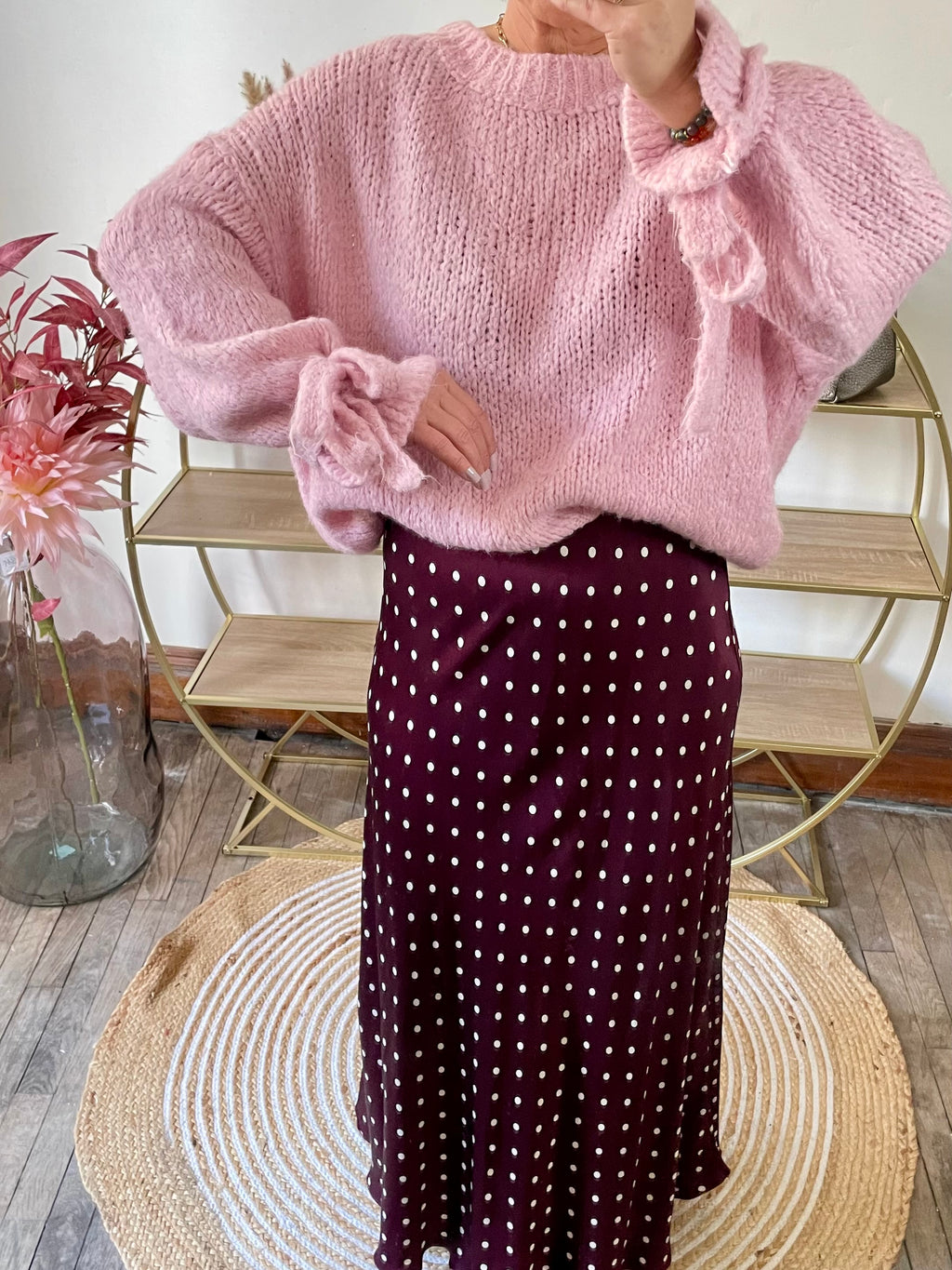 Jupe satin pois bordeaux