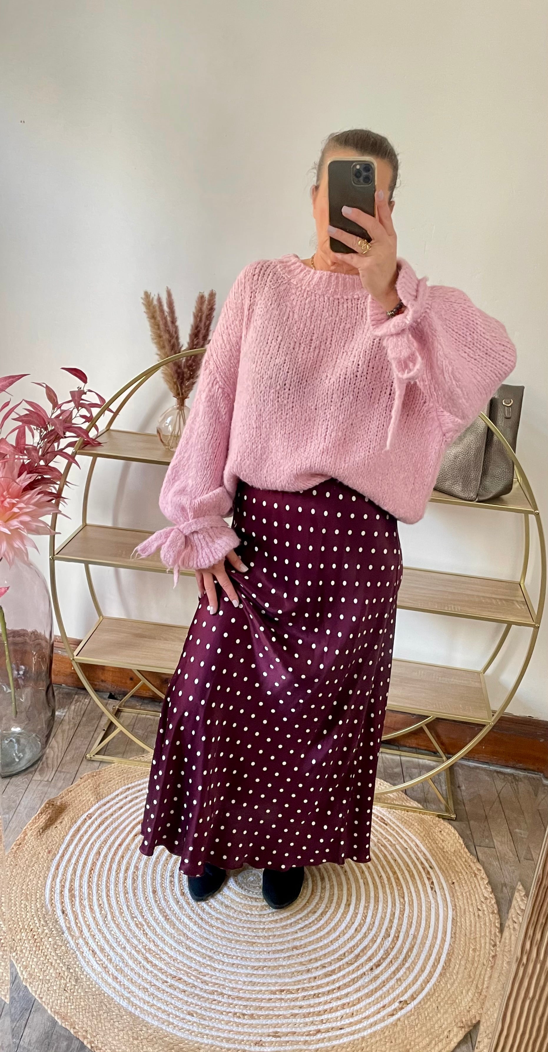 Jupe satin pois bordeaux