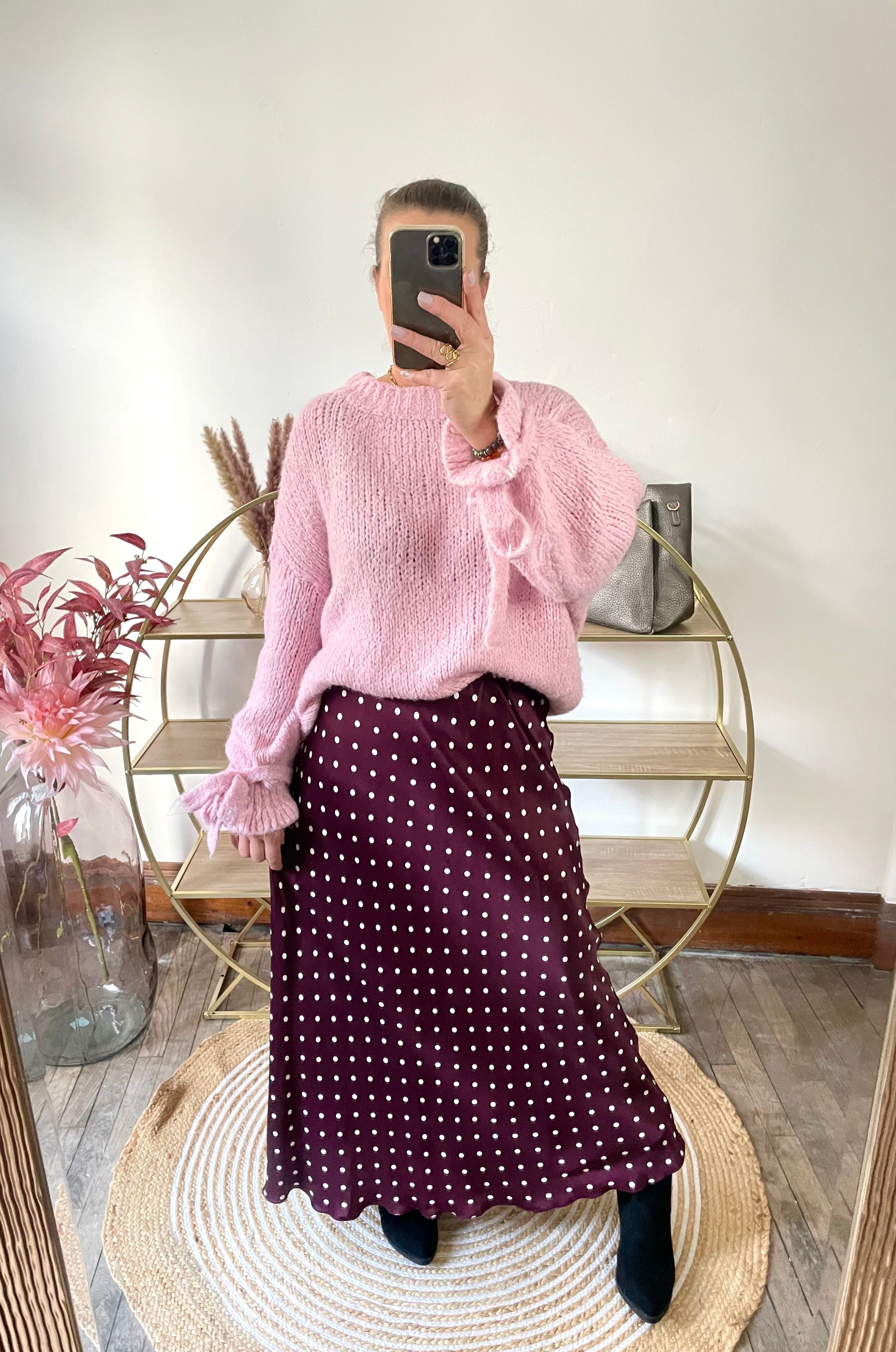 Jupe satin pois bordeaux