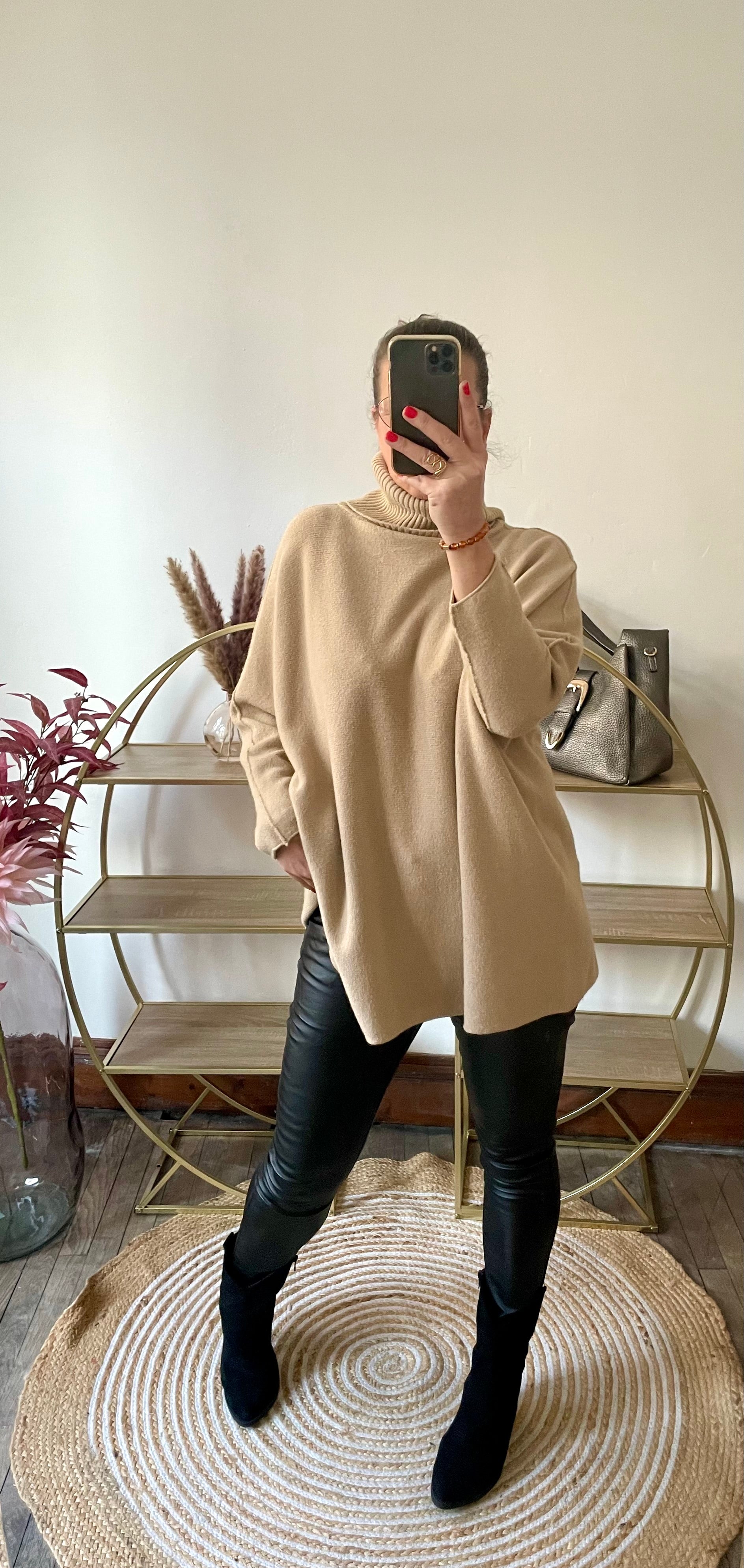 Pull long col roulé oversize camel