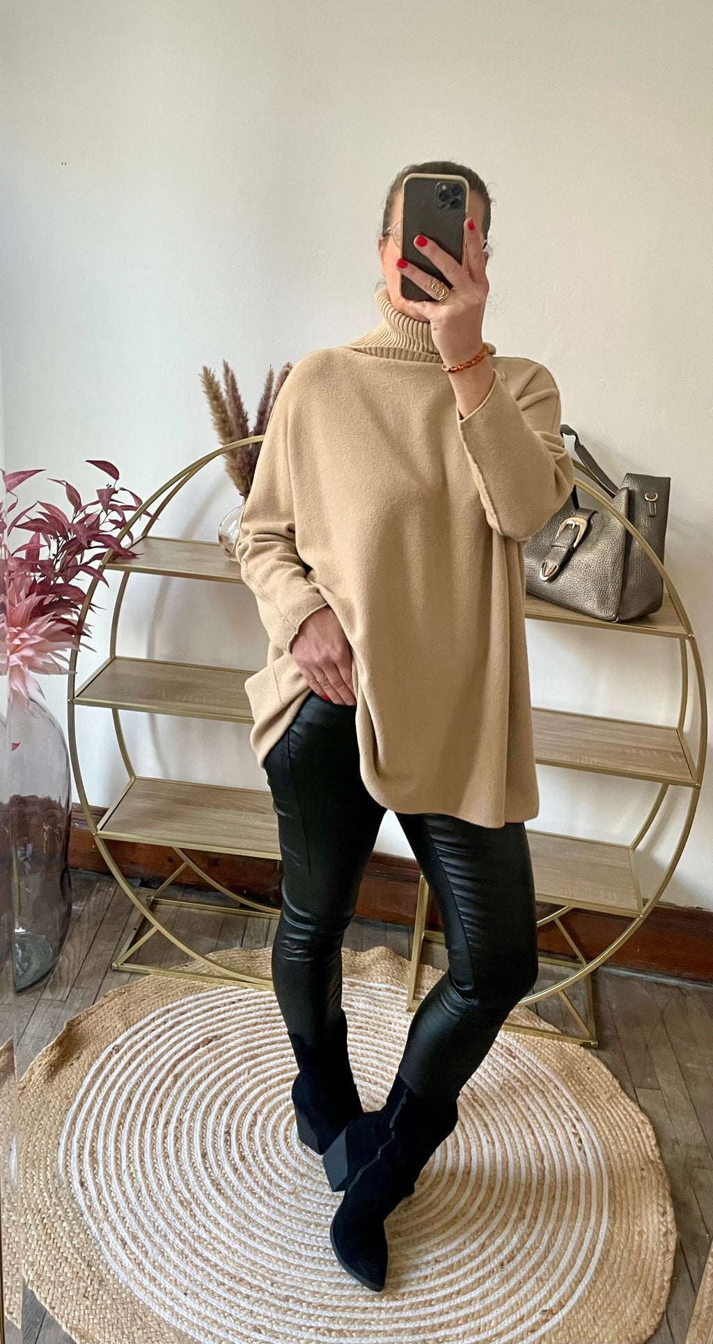 Pull long col roulé oversize camel