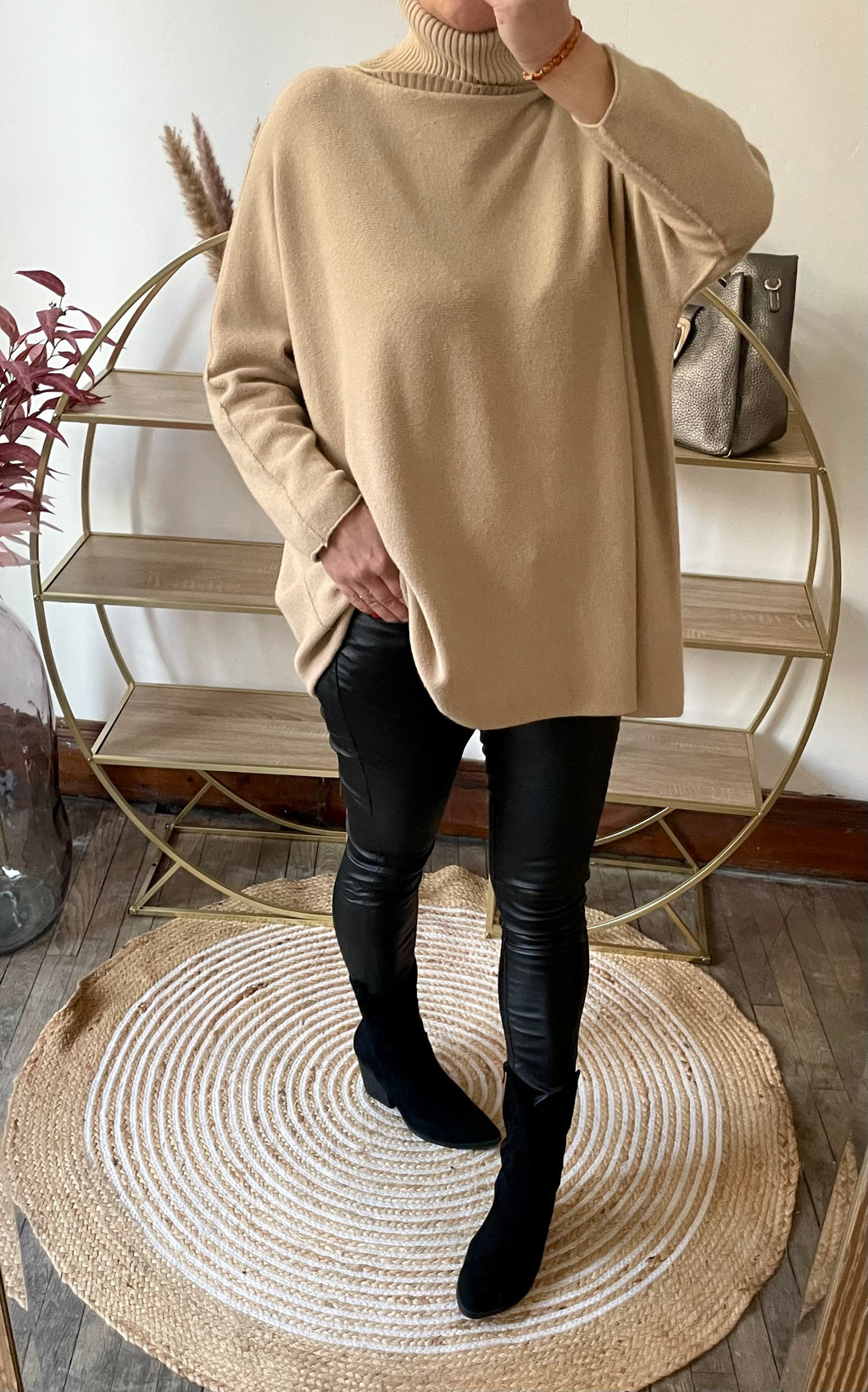 Pull long col roulé oversize camel